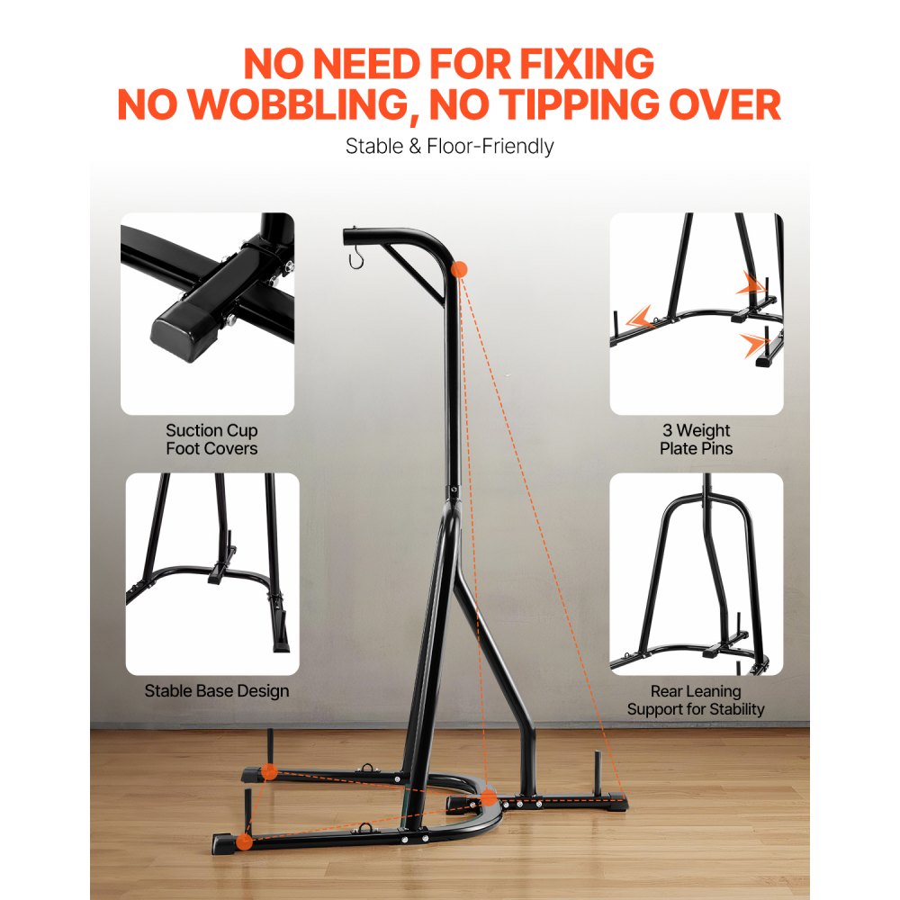 VEVOR Soporte para Saco de Boxeo con Marco de Acero Soporta hasta 65 kg Soporte para Saco de Arena Independiente con Base con Peso Equipo de Entrenamiento para Gimnasio en Casa, 143x126x208 cm