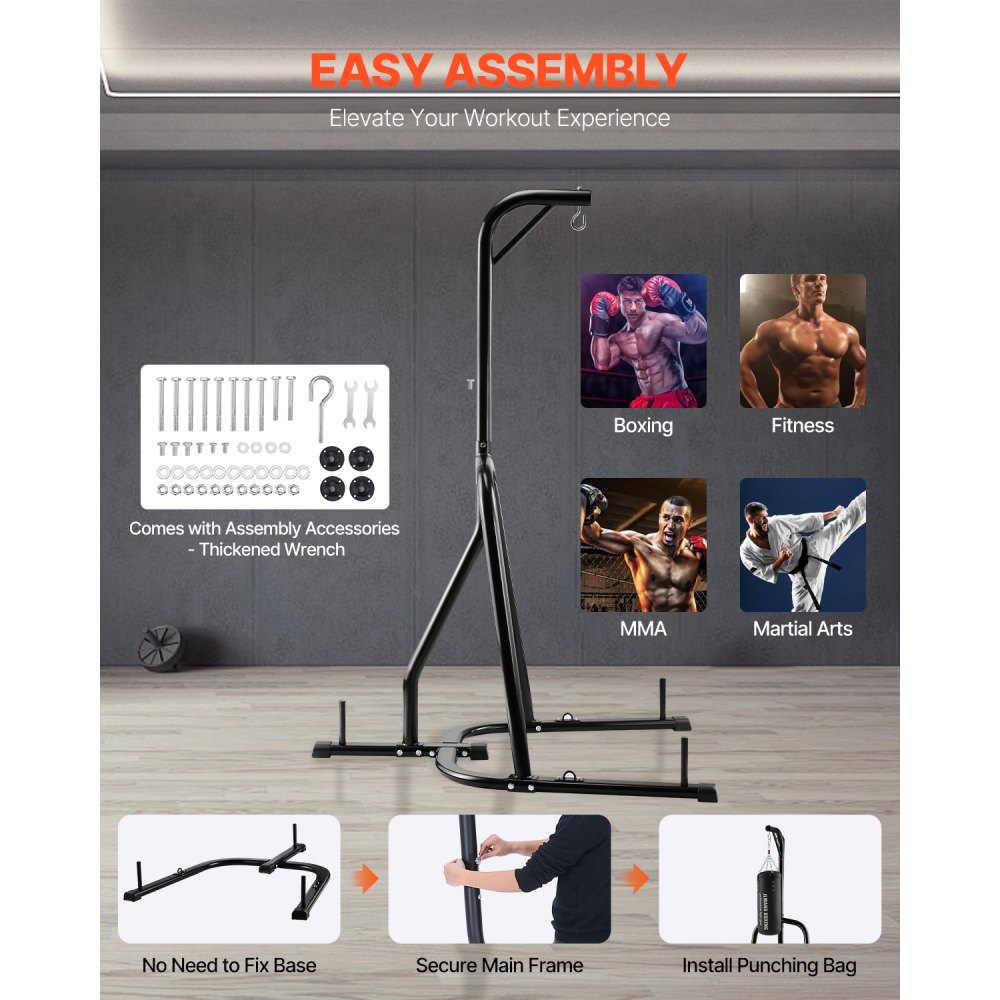 VEVOR Soporte para Saco de Boxeo con Marco de Acero Soporta hasta 65 kg Soporte para Saco de Arena Independiente con Base con Peso Equipo de Entrenamiento para Gimnasio en Casa, 143x126x208 cm