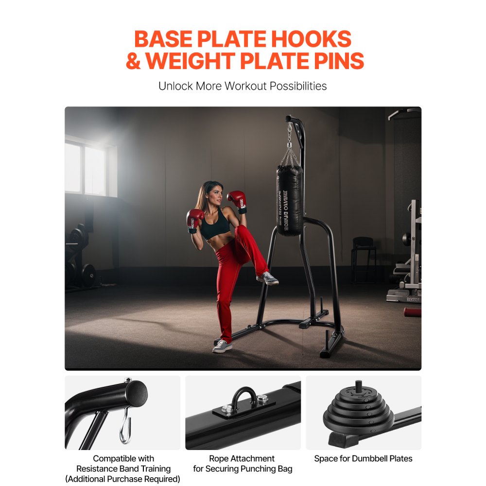 VEVOR Soporte para Saco de Boxeo con Marco de Acero Soporta hasta 65 kg Soporte para Saco de Arena Independiente con Base con Peso Equipo de Entrenamiento para Gimnasio en Casa, 143x126x208 cm