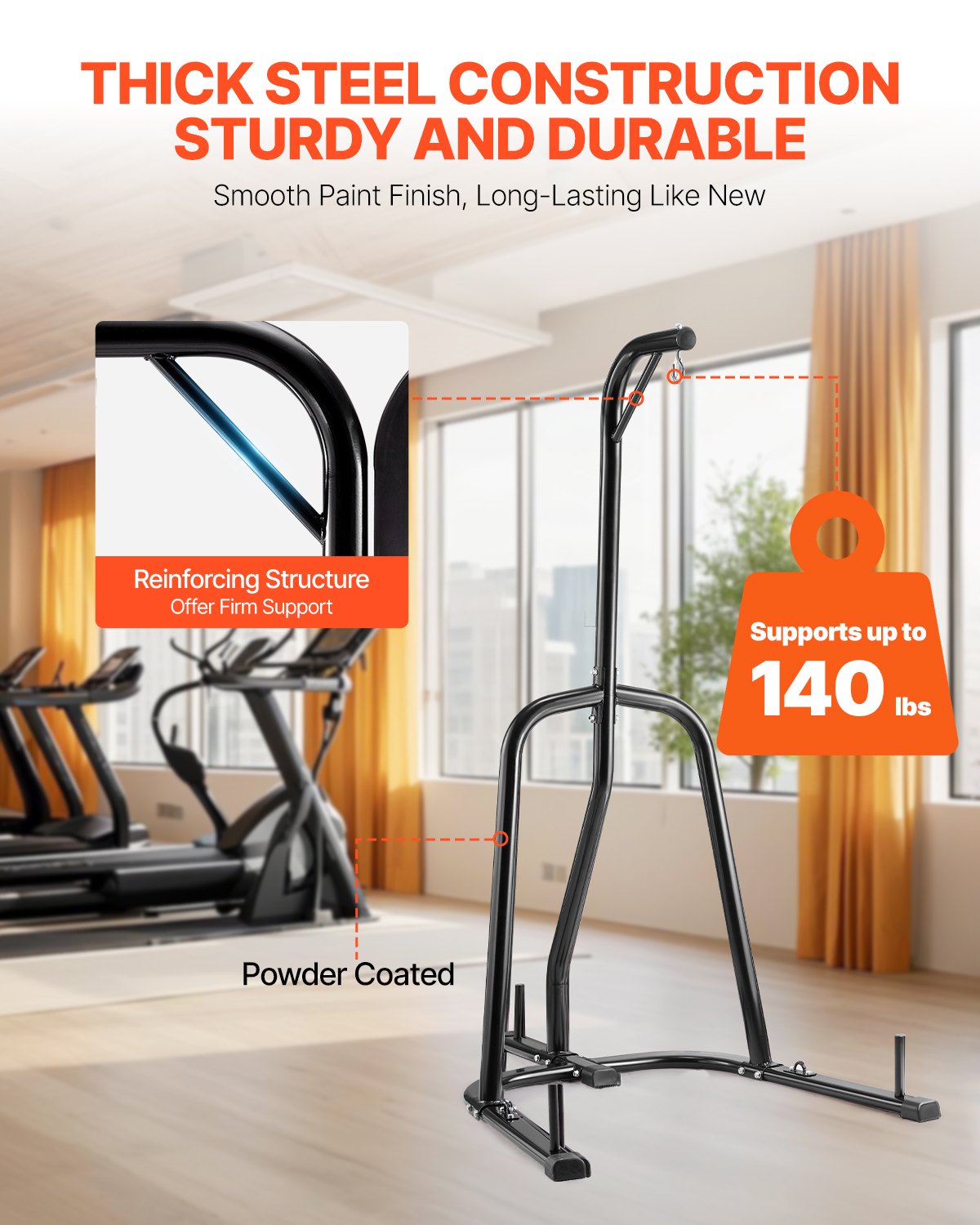 VEVOR Soporte para Saco de Boxeo con Marco de Acero Soporta hasta 65 kg Soporte para Saco de Arena Independiente con Base con Peso Equipo de Entrenamiento para Gimnasio en Casa, 143x126x208 cm