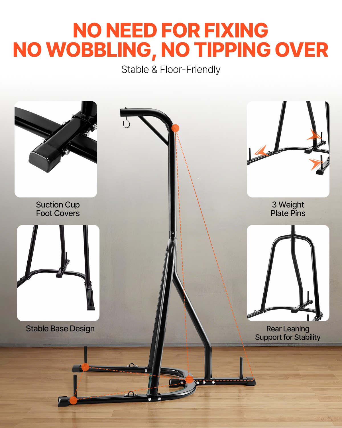 VEVOR Soporte para Saco de Boxeo con Marco de Acero Soporta hasta 65 kg Soporte para Saco de Arena Independiente con Base con Peso Equipo de Entrenamiento para Gimnasio en Casa, 143x126x208 cm