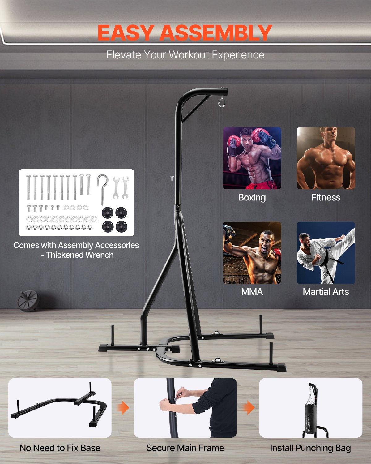 VEVOR Soporte para Saco de Boxeo con Marco de Acero Soporta hasta 65 kg Soporte para Saco de Arena Independiente con Base con Peso Equipo de Entrenamiento para Gimnasio en Casa, 143x126x208 cm