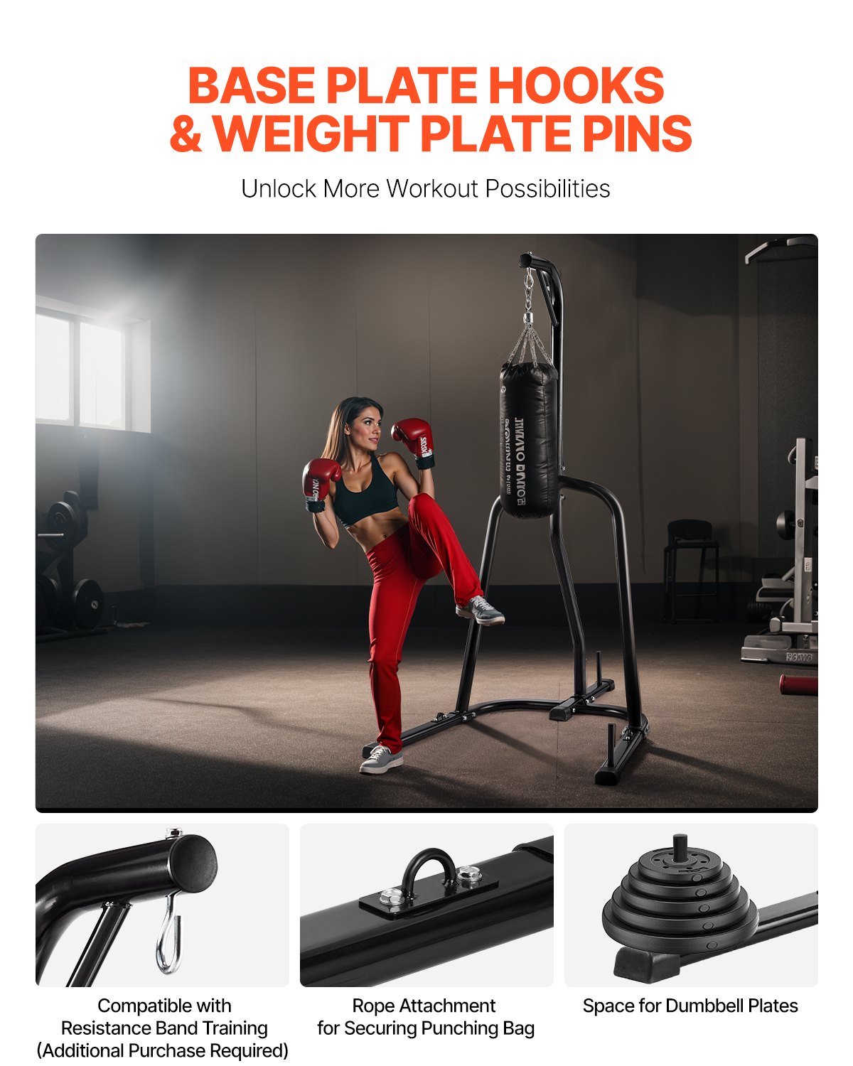 VEVOR Soporte para Saco de Boxeo con Marco de Acero Soporta hasta 65 kg Soporte para Saco de Arena Independiente con Base con Peso Equipo de Entrenamiento para Gimnasio en Casa, 143x126x208 cm