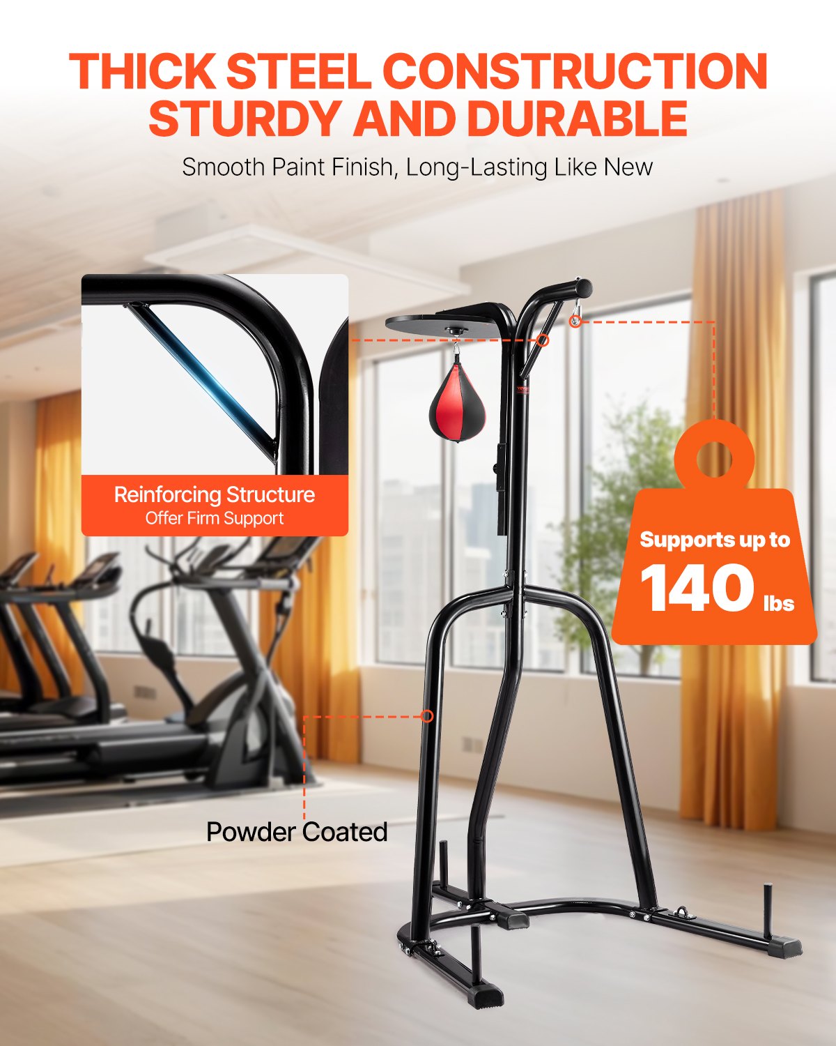 VEVOR Soporte para Saco de Boxeo 2 en 1 Equipo de Entrenamiento de Acero Soporta Hasta 65 kg Altura Ajustable Soporte Independiente para Sacos de Arena para Gimnasio en Casa, 143 x 126 x 214 cm