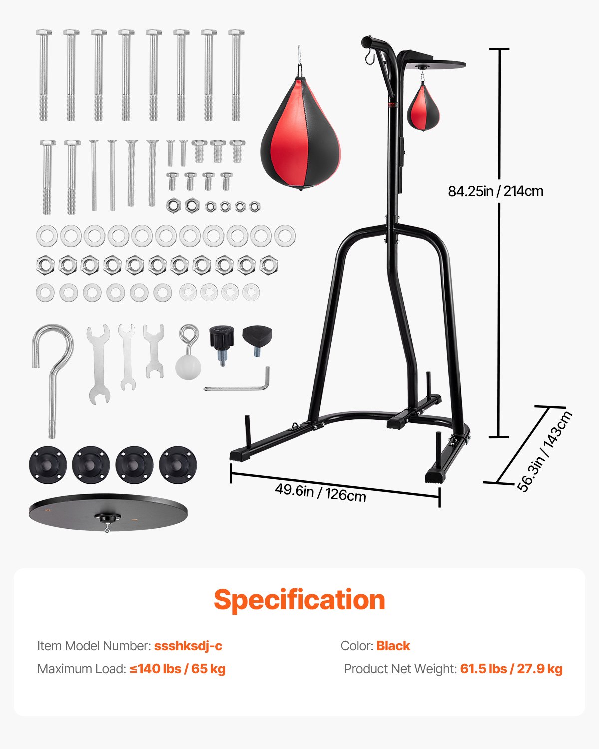 VEVOR Soporte para Saco de Boxeo 2 en 1 Equipo de Entrenamiento de Acero Soporta Hasta 65 kg Altura Ajustable Soporte Independiente para Sacos de Arena para Gimnasio en Casa, 143 x 126 x 214 cm