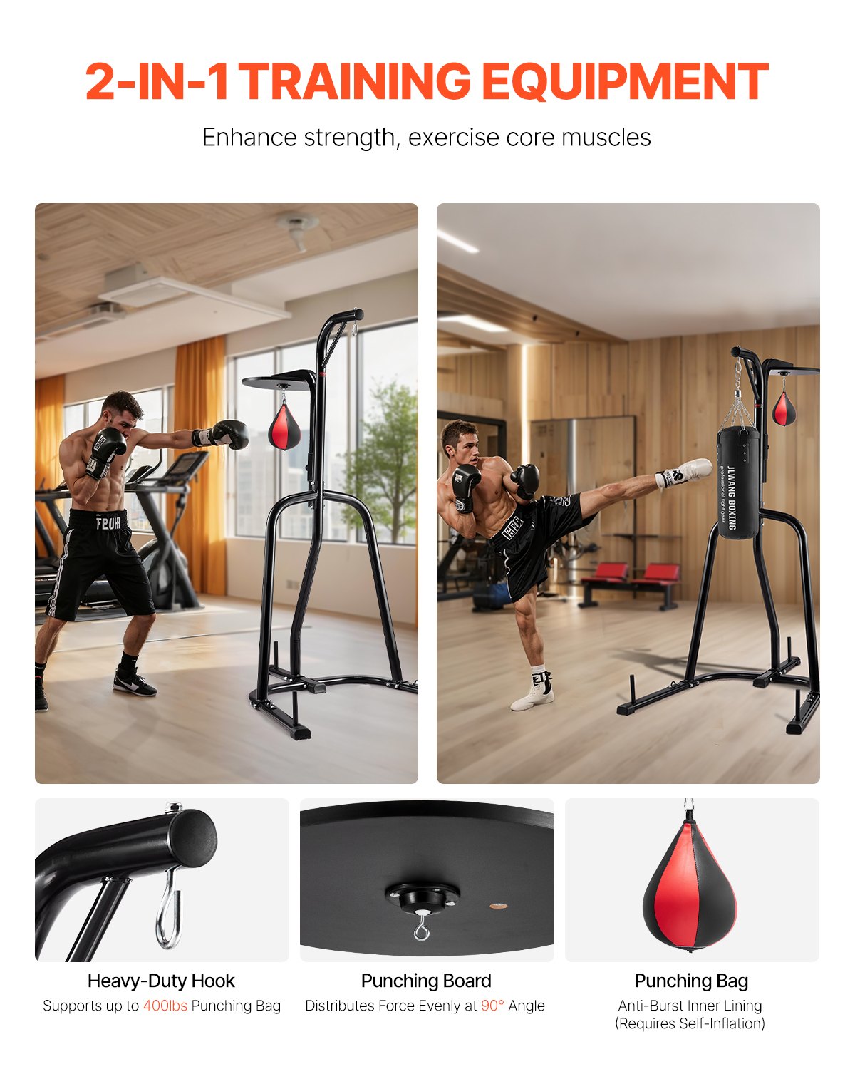 VEVOR Soporte para Saco de Boxeo 2 en 1 Equipo de Entrenamiento de Acero Soporta Hasta 65 kg Altura Ajustable Soporte Independiente para Sacos de Arena para Gimnasio en Casa, 143 x 126 x 214 cm
