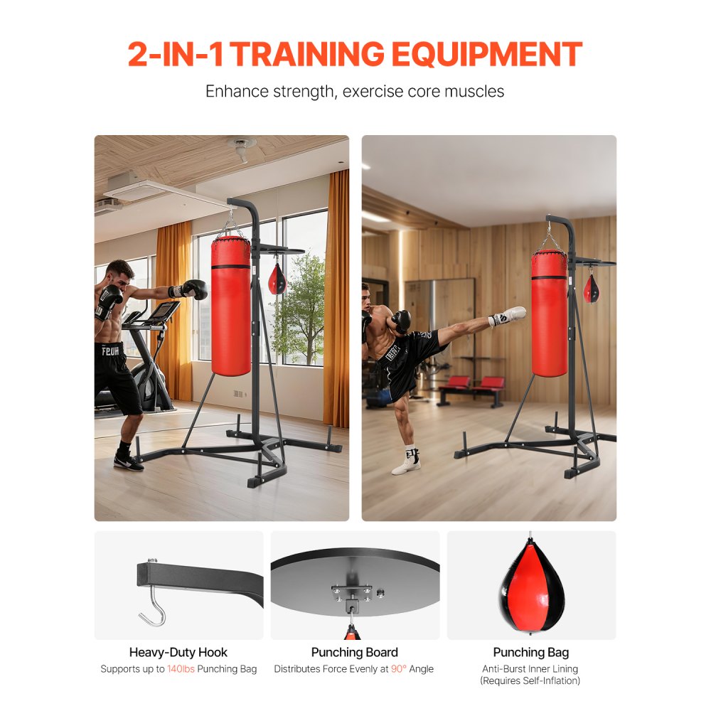 VEVOR Soporte para Saco de Boxeo 2 en 1 Equipo de Entrenamiento de Acero Soporta Hasta 65 kg Altura Ajustable Soporte Independiente para Sacos de Arena para Gimnasio en Casa, 132x114x201 cm