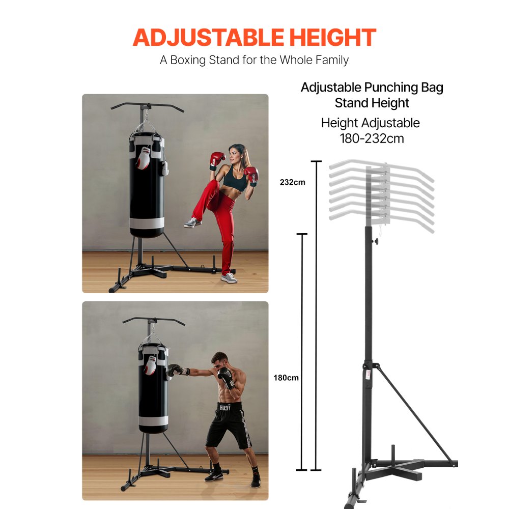 VEVOR Soporte para Saco de Boxeo Equipo de Entrenamiento Resistente de Acero Soporta Hasta 65 kg Altura Ajustable Soporte Independiente a Sacos de Arena para Gimnasio en Casa, 118 x 118 x 232 cm