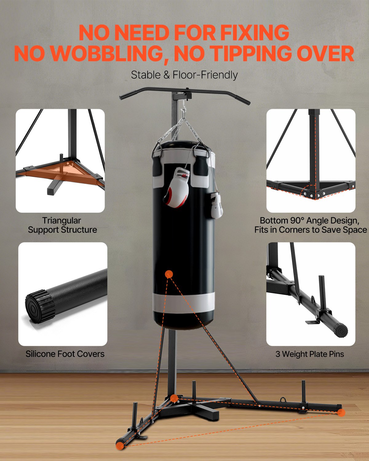 VEVOR Soporte para Saco de Boxeo Equipo de Entrenamiento Resistente de Acero Soporta Hasta 65 kg Altura Ajustable Soporte Independiente a Sacos de Arena para Gimnasio en Casa, 118 x 118 x 232 cm