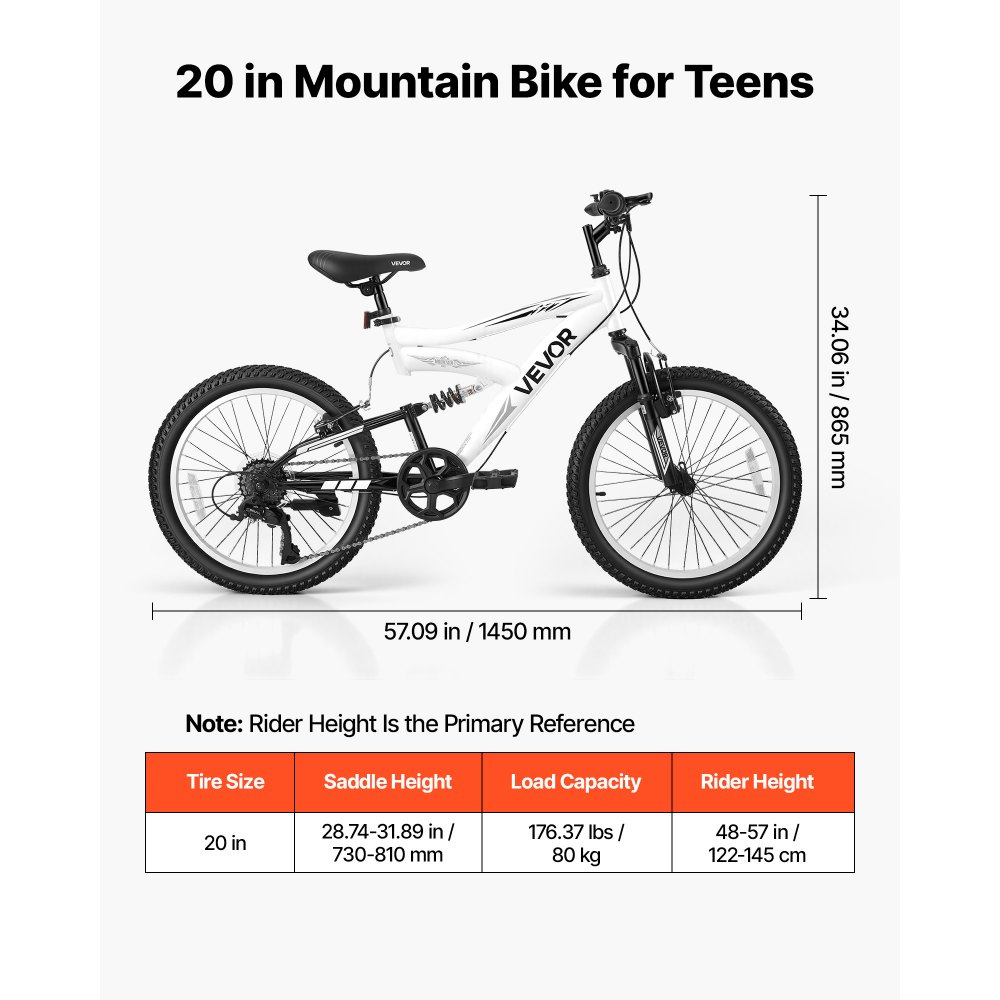 VEVOR Bicicleta de Montaña 20 pulgadas, 6 Velocidades, Acero de Carbono, Neumáticos Todoterreno, Sillín Ajustable, Frenos Dobles, Preensamblada, para Carreteras Pavimentadas y Senderos Boscosos