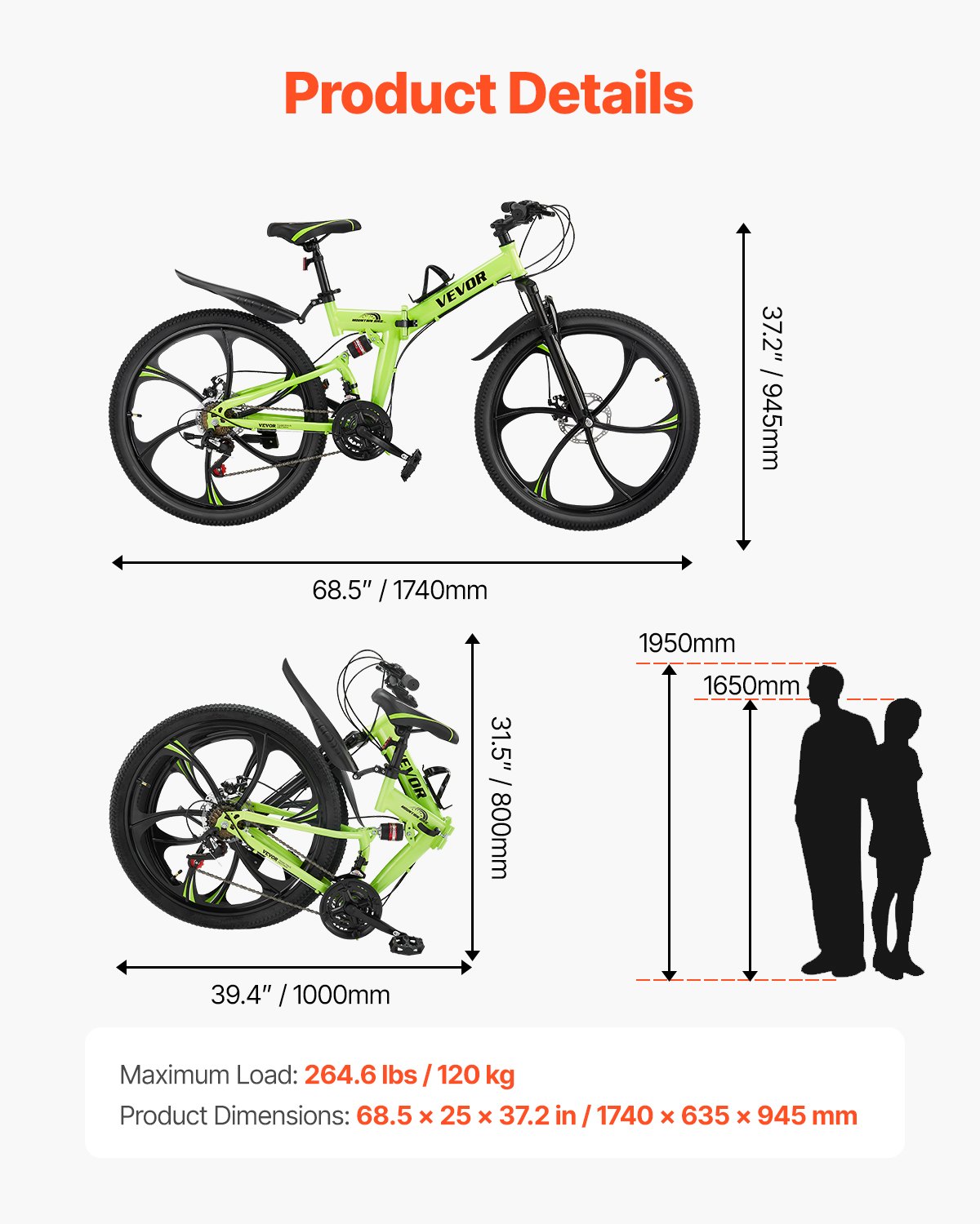 VEVOR Bicicleta Montaña Plegable 21 Velocidades Freno Disco 1740 x 635 x 945 mm
