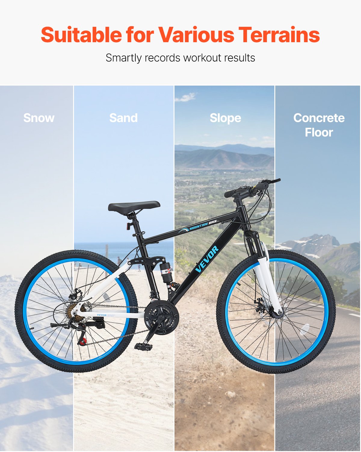 VEVOR Bicicleta de Montaña con Suspensión Doble Completa, 21 Velocidades, Sillín Cómodo, Frenos de Disco Dobles, Cuadro de Aleación de Aluminio, Unisex, para Senderos y Nieve, 1720 x 630 x 990 mm