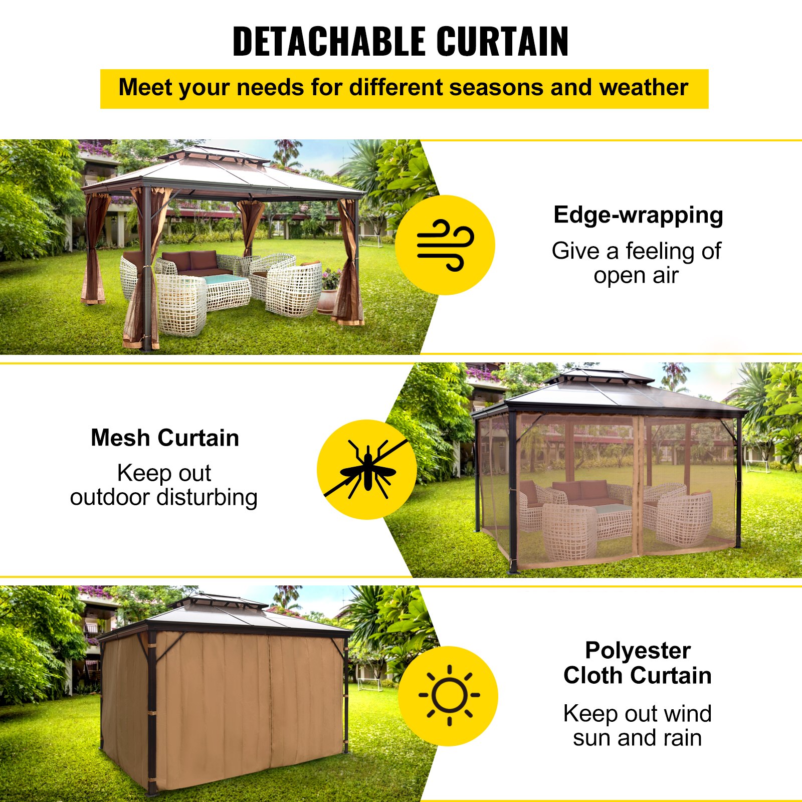 VEVOR Pavilion Roof Dimensions 3 x 3m, Waterproof and Double-Layered Garden Pavilion, Folding Pavilion with Rustproof Aluminum Frame, UV Protection and Mosquito Net, Brown Pavilion for 6-8 People