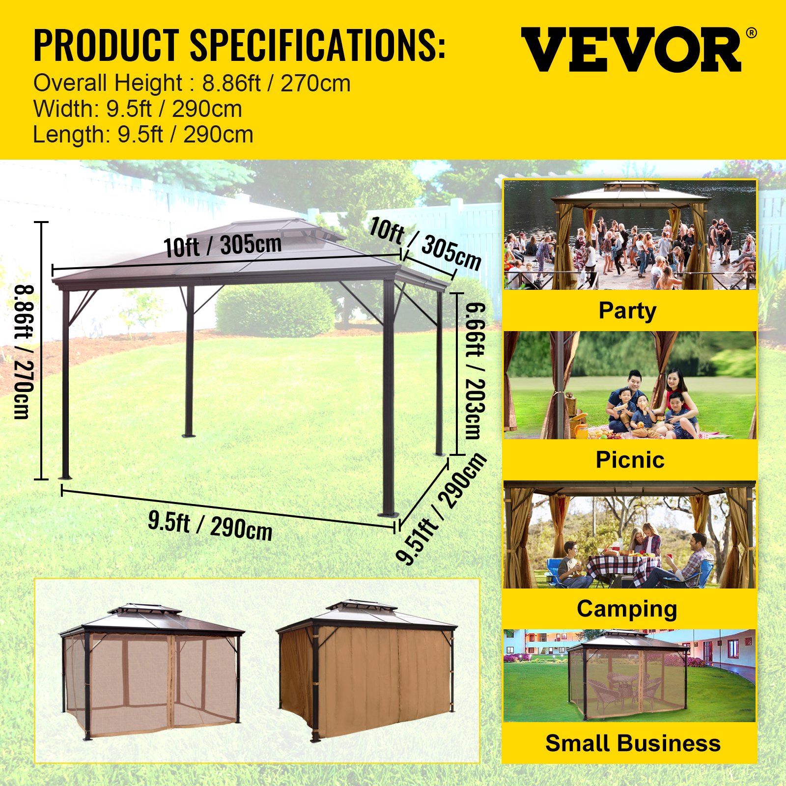 VEVOR Pavilion Roof Dimensions 3 x 3m, Waterproof and Double-Layered Garden Pavilion, Folding Pavilion with Rustproof Aluminum Frame, UV Protection and Mosquito Net, Brown Pavilion for 6-8 People