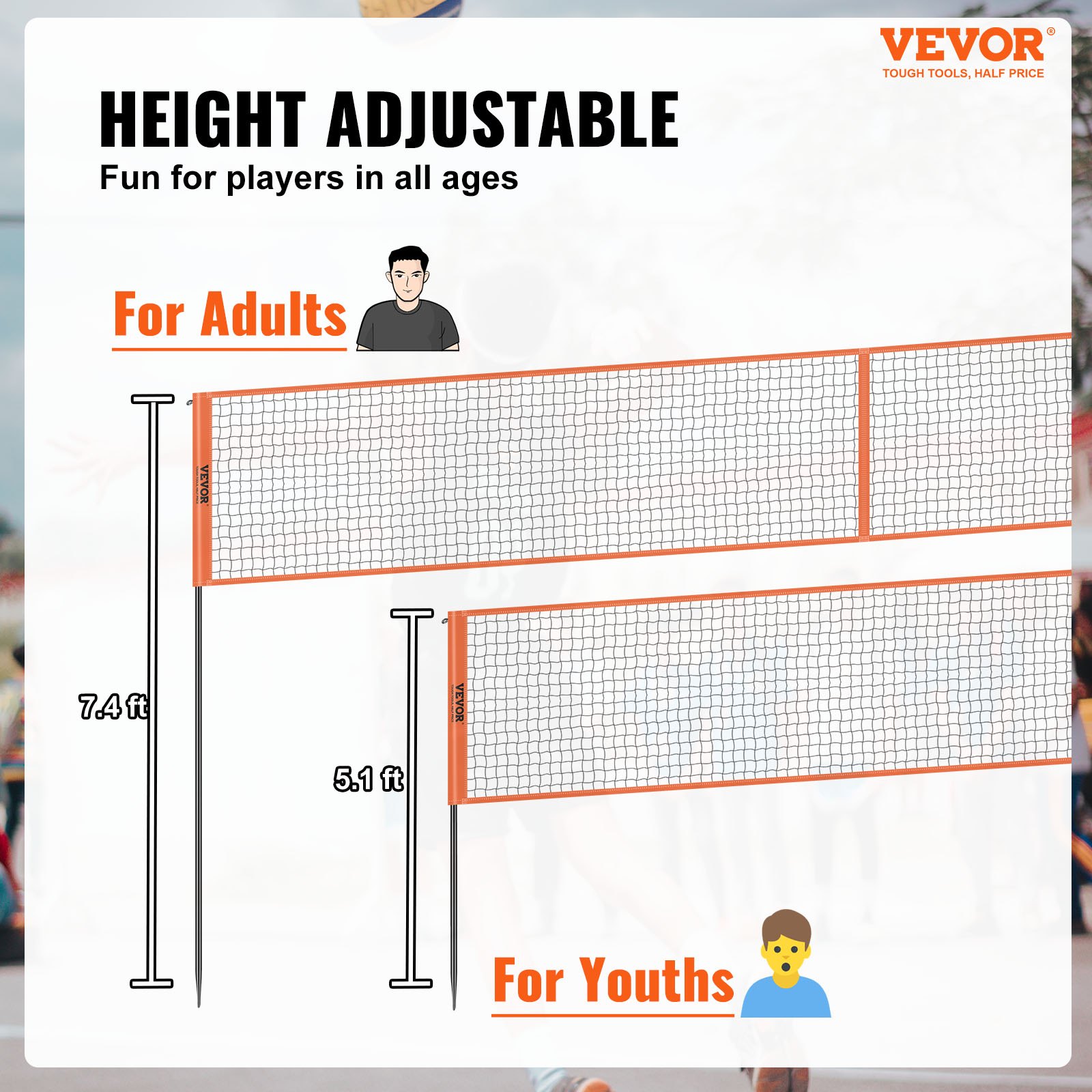 VEVOR Red de voleibol cuadrada de 4, juego de red de bádminton de altura ajustable para césped de playa, red de voleibol portátil al aire libre con bolsa de transporte, montaje rápido, al aire libre