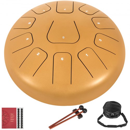 VEVOR Tambor de Lengua de Acero 12 Pulgadas (30cm) Tambor Instrumento Metálico de Lengüetas Acero con 11 Teclas de Notas Tono F con Bolsa Libro de Música, Mazos, Puntas de Dedo Oro