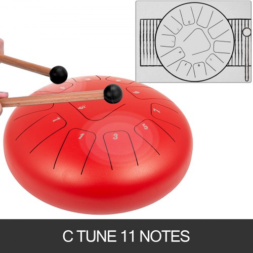 VEVOR Tambor de Lengua de Acero 12 Pulgadas (30 cm), Handpan Drum con 11 Teclas de Notas con Bolsa, Libro de Música, Mazos, Puntas de Dedo Rojo