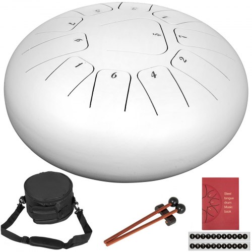 VEVOR Tambor de Lengua de Acero 11 Notas C Mayor Tongue Drum Instrumentos 30 cm Instrumentos Profesional de Percusión de Tambores Altura de 15,5 cm Tambor de Mano Blanco con Pares Soporte Libro Bolsa
