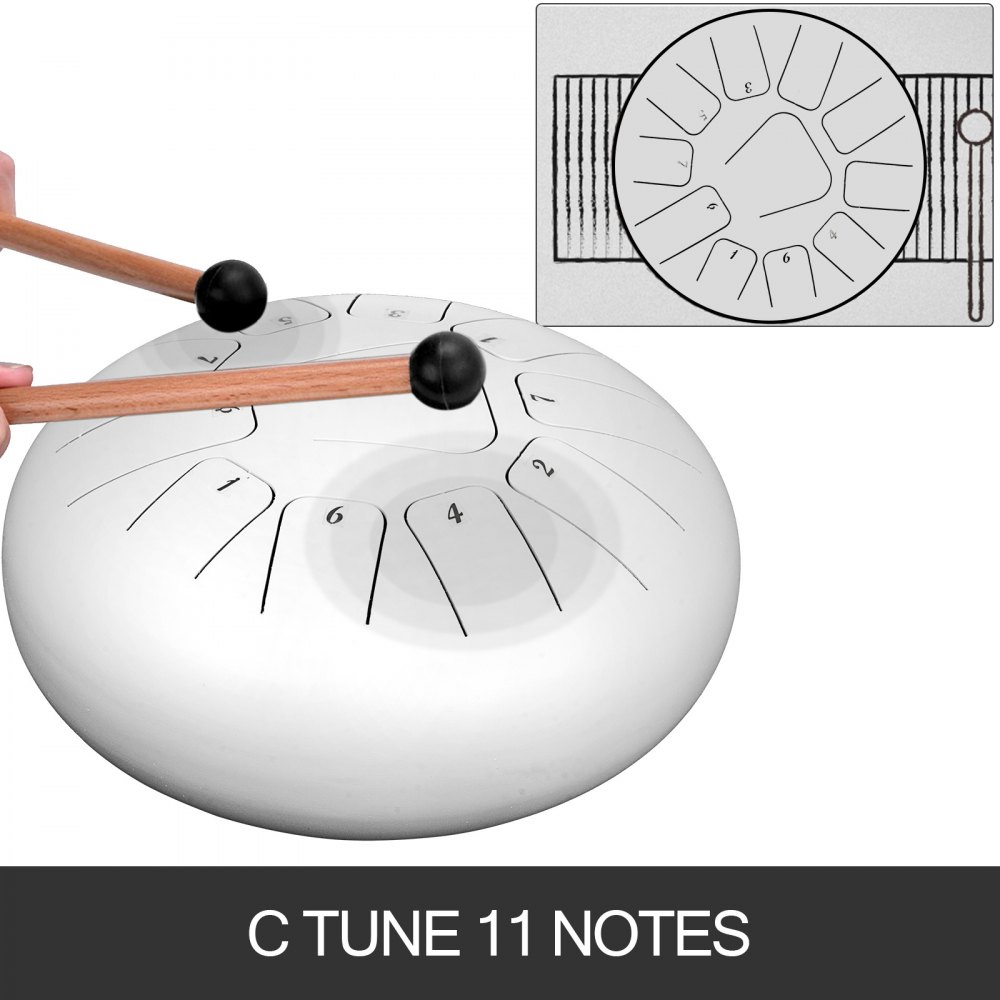 VEVOR Tambor de Lengua de Acero 11 Notas C Mayor Tongue Drum Instrumentos 30 cm Instrumentos Profesional de Percusión de Tambores Altura de 15,5 cm Tambor de Mano Blanco con Pares Soporte Libro Bolsa