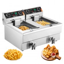 VEVOR Freidora Eléctrica Comercial 2 Tanques 12L 6000W Freidora de Aceite de Acero Inoxidable con 2 Cestas para Freír Temperatura y Tiempo Ajustables 50-200°C para Aros de Cebolla Pollo Patatas Fritas