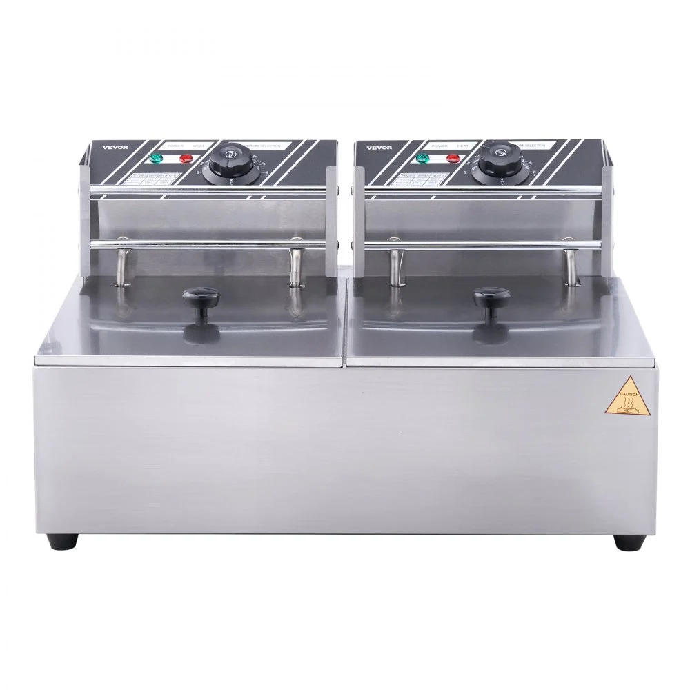 VEVOR Freidora Eléctrica Comercial 2 Tanques 12 L 5000 W Freidora de Aceite de Acero Inoxidable con 2 Cestas para Freír Tapas Temperatura Ajustable 50-200 °C para Aros de Cebolla Pollo Papas Fritas