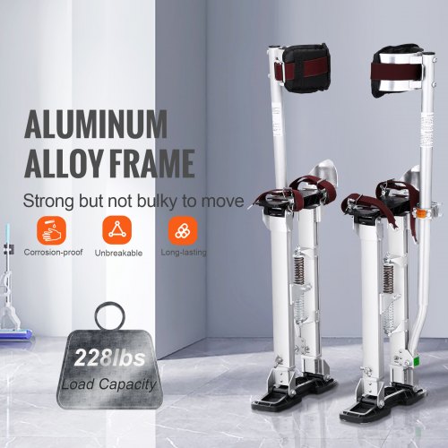 VEVOR Zancos de Trabajo de Aleación de Aluminio Altura Ajustable de 45,7-76,2 cm Zancos de Pintor Carga de 103 kg Zancos para Paneles de Yeso Tamaño de Pies 27-29cm para Pintura Decoración Color Plata