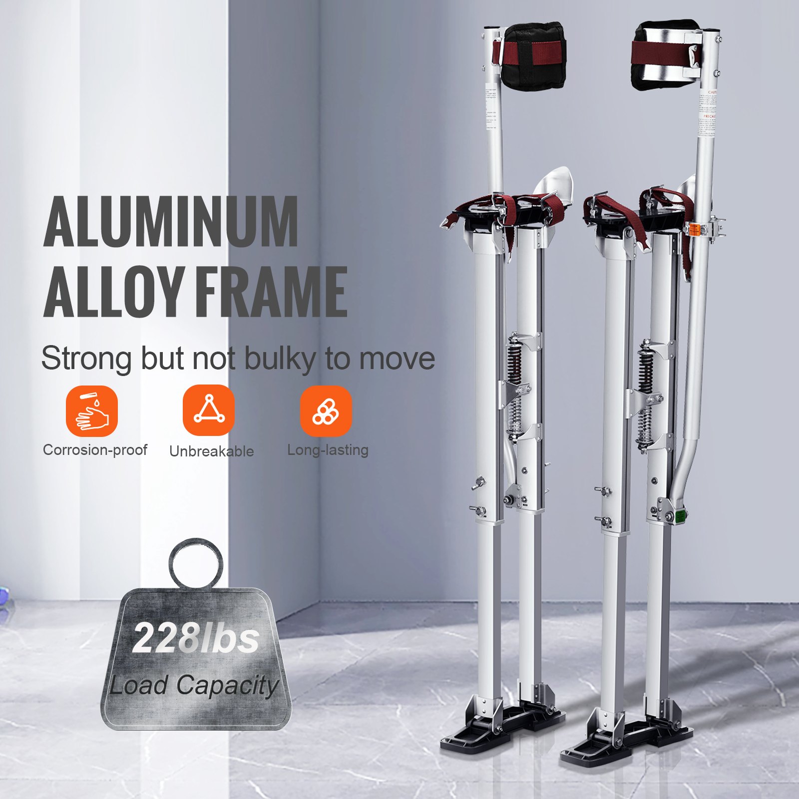VEVOR Zancos de Trabajo de Aleación de Aluminio Altura Ajustable de 91,4-126,7 cm Zancos de Pintor Carga de 103kg Zancos para Paneles de Yeso Tamaño de Pies 27-29cm para Pintura Decoración Color Plata