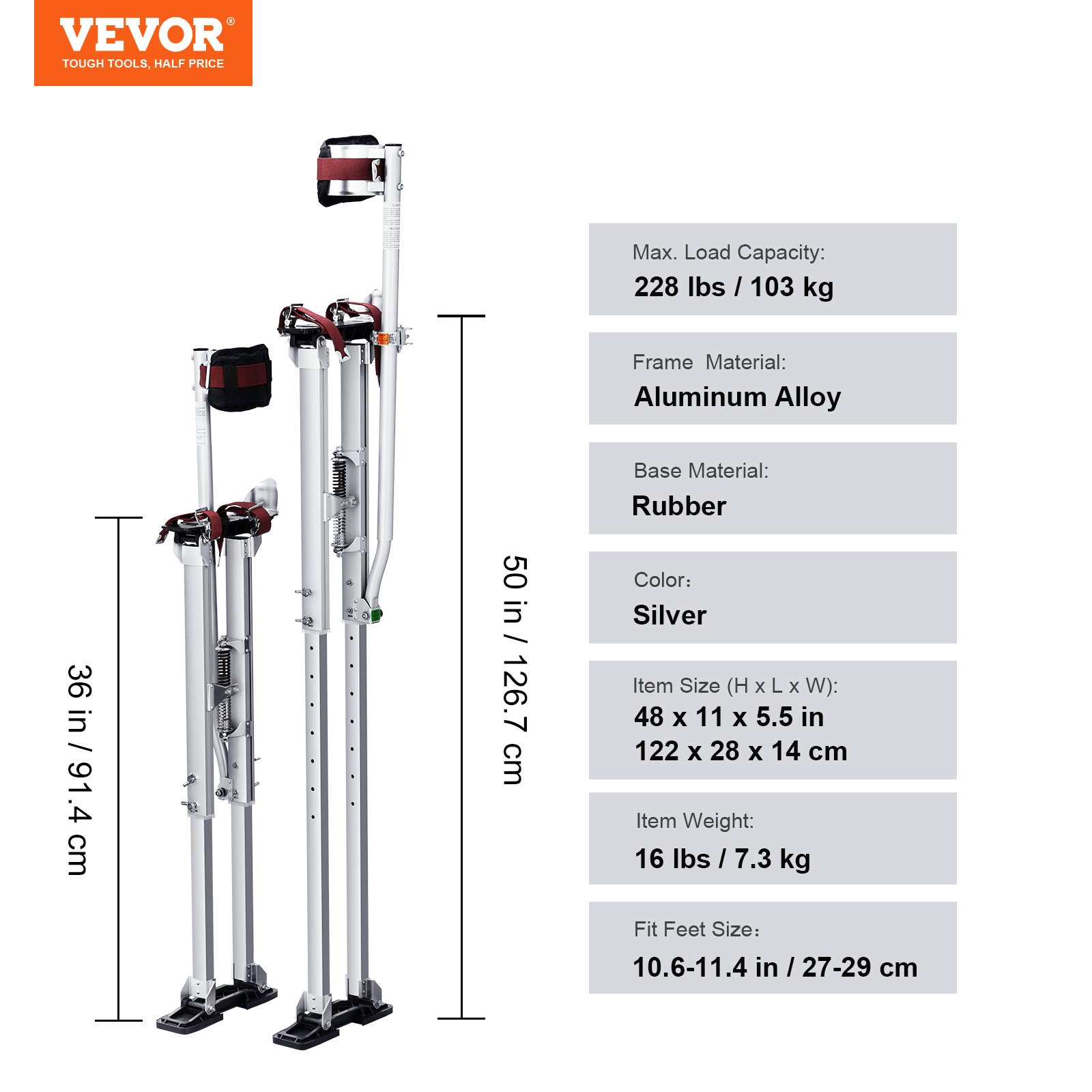 VEVOR Zancos de Trabajo de Aleación de Aluminio Altura Ajustable de 91,4-126,7 cm Zancos de Pintor Carga de 103kg Zancos para Paneles de Yeso Tamaño de Pies 27-29cm para Pintura Decoración Color Plata