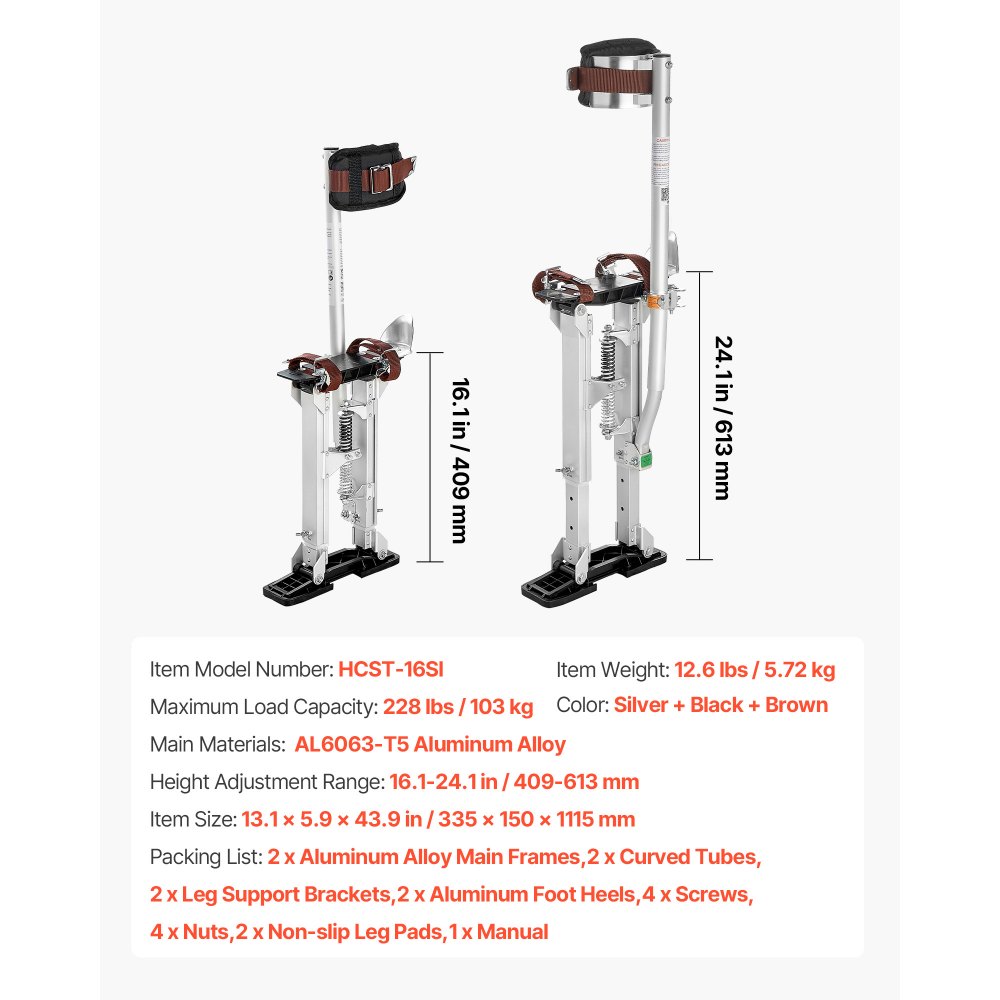 VEVOR Zancos para Paneles de Yeso de Aluminio Ajustables 409-613 mm, Zancos de Trabajo con Almohadillas, Capacidad de Carga de 103 kg, Patas de Goma Antideslizantes para Pintura Decoración Jardinería