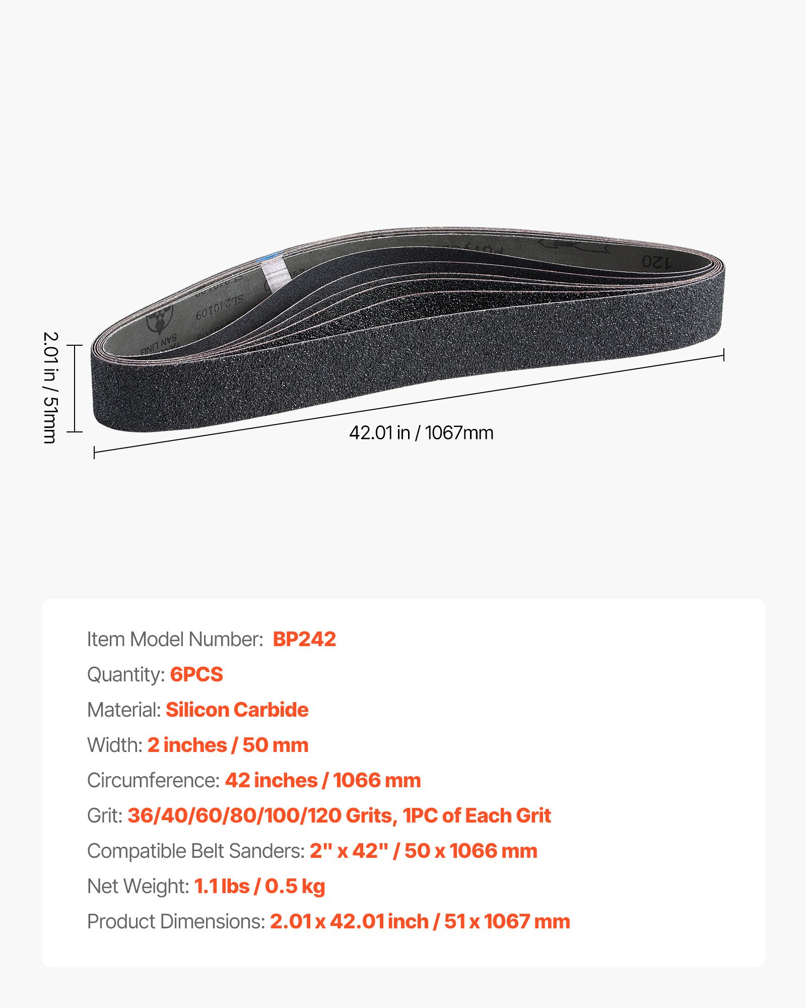 VEVOR Sanding Belts, 50mm x 1066mm Belt Sander Sanding Belts, 6 PCS (Each of 36 40 60 80 100 120 Assorted Grits) Silicon Carbide for Knife Sharpening, Metalworking, Composites, Plastic Finishing