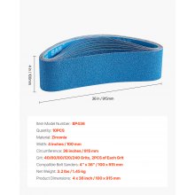 VEVOR 4 Bandas de Lijado de 91 cm, 10 Unidades 2 de Cada Grano: 40, 60, 80, 120 y 240 de Zirconio para Afilar Cuchillos, Pulir Metales, Acero Inoxidable y Acabado de Aleación de Níquel, Azul