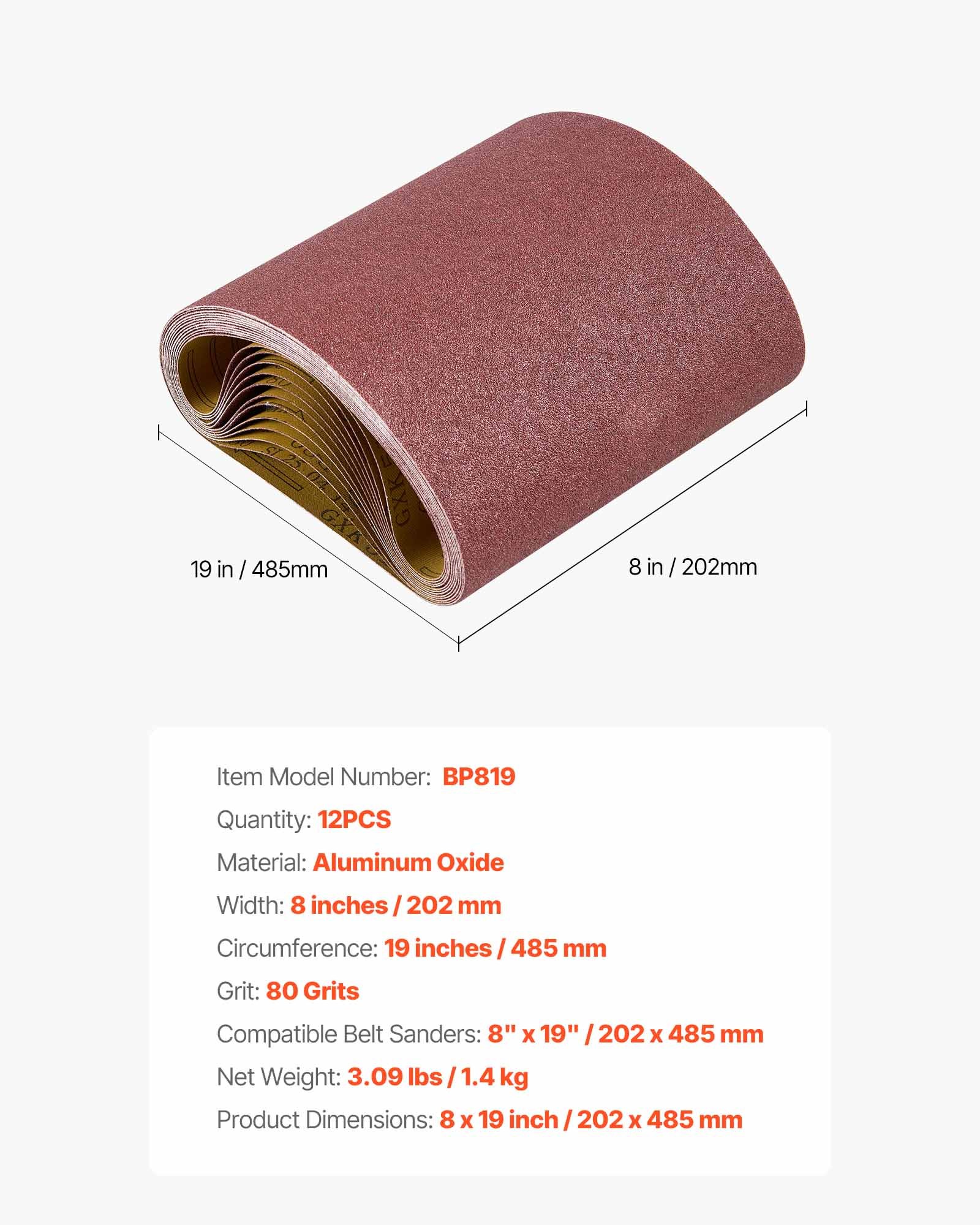 VEVOR Sanding Belts, 202mm x 485mm Belt Sander Sanding Belts, 12PCS 80 Grit Aluminum Oxide for Woodworking, Steel, Aluminum, Non-Ferrous Metals