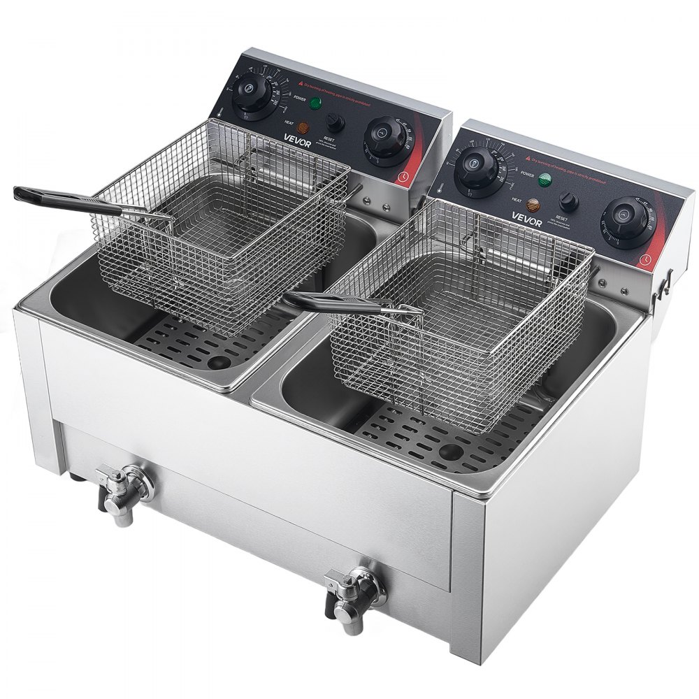 VEVOR Freidora Eléctrica Comercial 2 Tanques 14 L 5000 W, Freidora de Aceite de Acero Inoxidable con 2 Cestas, Temperatura y Tiempo Ajustables 60-200 °C para Aros de Cebolla, Pollo, Patatas Fritas