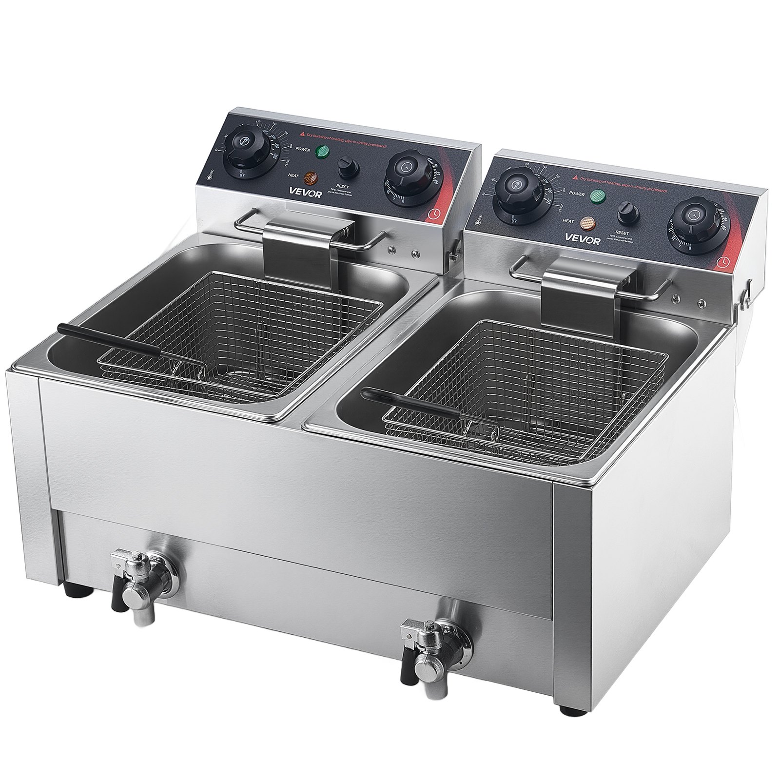 VEVOR Freidora Eléctrica Comercial 2 Tanques 14 L 5000 W, Freidora de Aceite de Acero Inoxidable con 2 Cestas, Temperatura y Tiempo Ajustables 60-200 °C para Aros de Cebolla, Pollo, Patatas Fritas