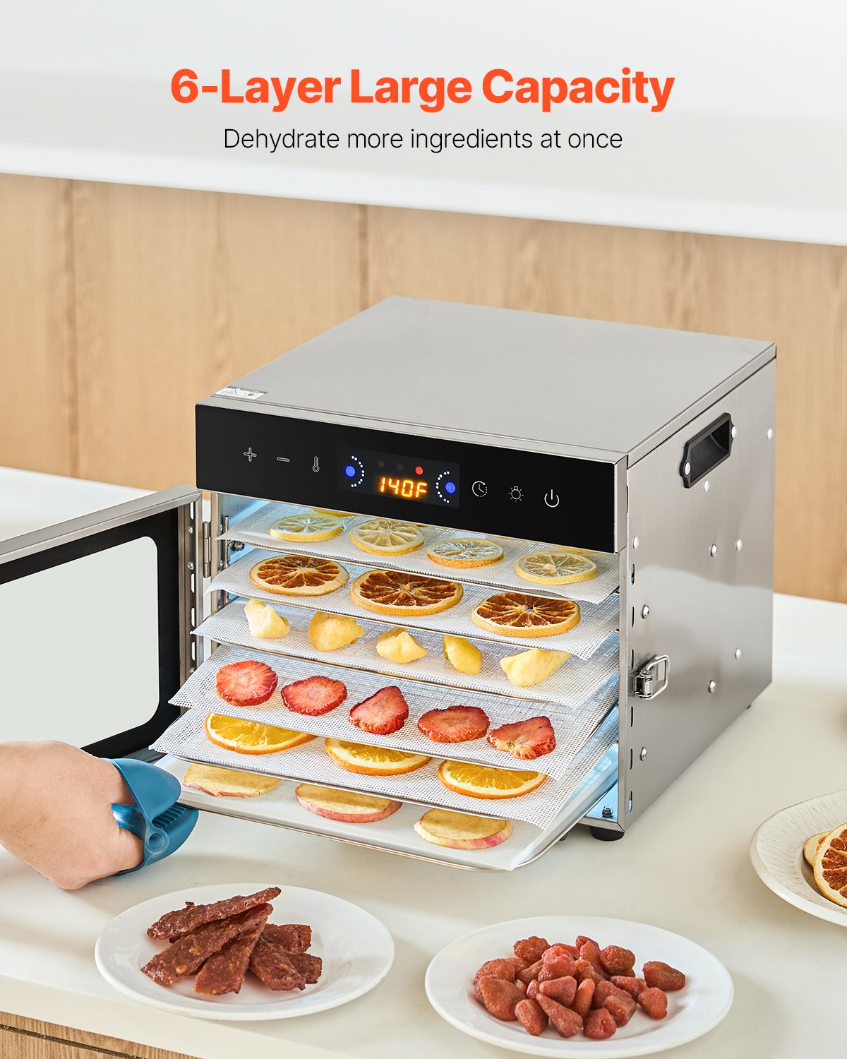 VEVOR Deshidratador de Alimentos 6 Bandejas de Acero Inoxidable Secador de Alimentos Eléctrico 400 W con Temperatura Ajustable y Temporizador de 24 Horas para Cecina, Frutas, Verduras, Hierbas