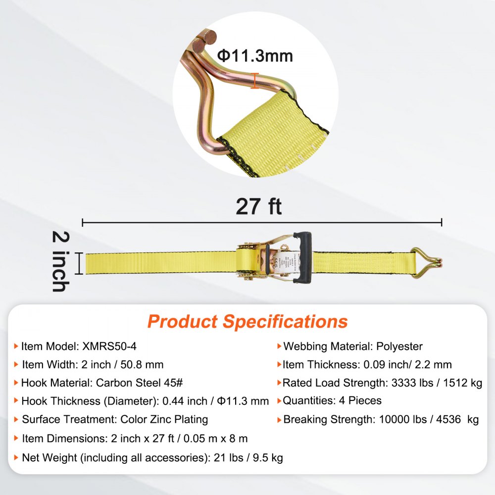 VEVOR 4-pack ratchet straps 0.05 x 8 m, 4536 kg capacity, polyester webbing with carbon steel hooks, ideal for motorcycles, bicycles, kayaks, UTVs, boats, and ATVs