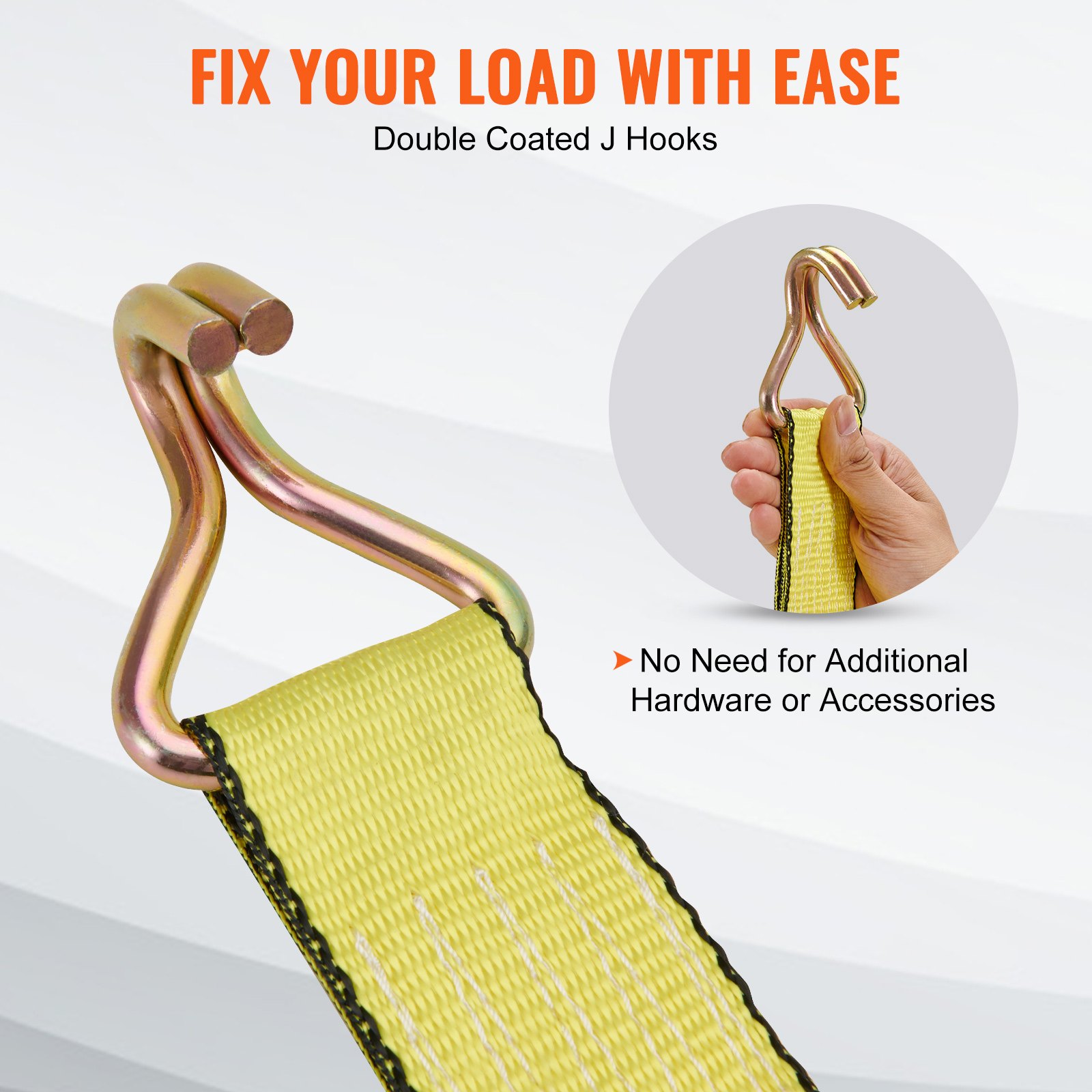 VEVOR 4-pack ratchet straps 0.05 x 8 m, 4536 kg capacity, polyester webbing with carbon steel hooks, ideal for motorcycles, bicycles, kayaks, UTVs, boats, and ATVs