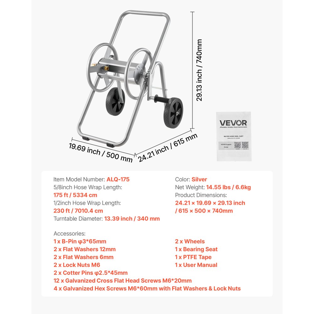 VEVOR Carro Carrete Manguera, Manguera Agua 5/8" Capacidad 53m (Manguera No Incluida), Herramientas Móviles con Ruedas, Plantación Exterior Acero Recubierto en Polvo para Jardín, Patio, Césped