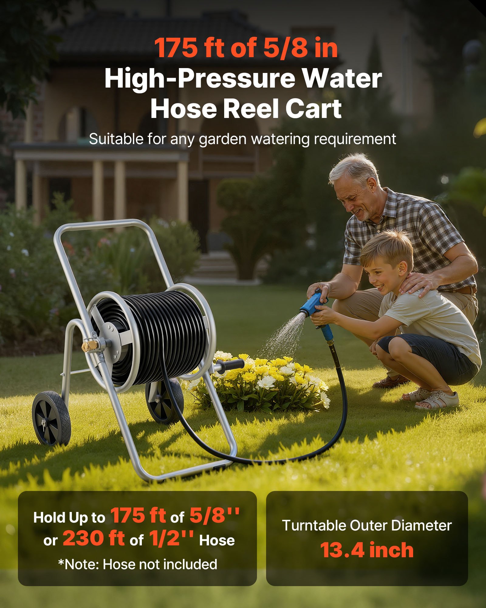 VEVOR Carro Carrete Manguera, Manguera Agua 5/8" Capacidad 53m (Manguera No Incluida), Herramientas Móviles con Ruedas, Plantación Exterior Acero Recubierto en Polvo para Jardín, Patio, Césped