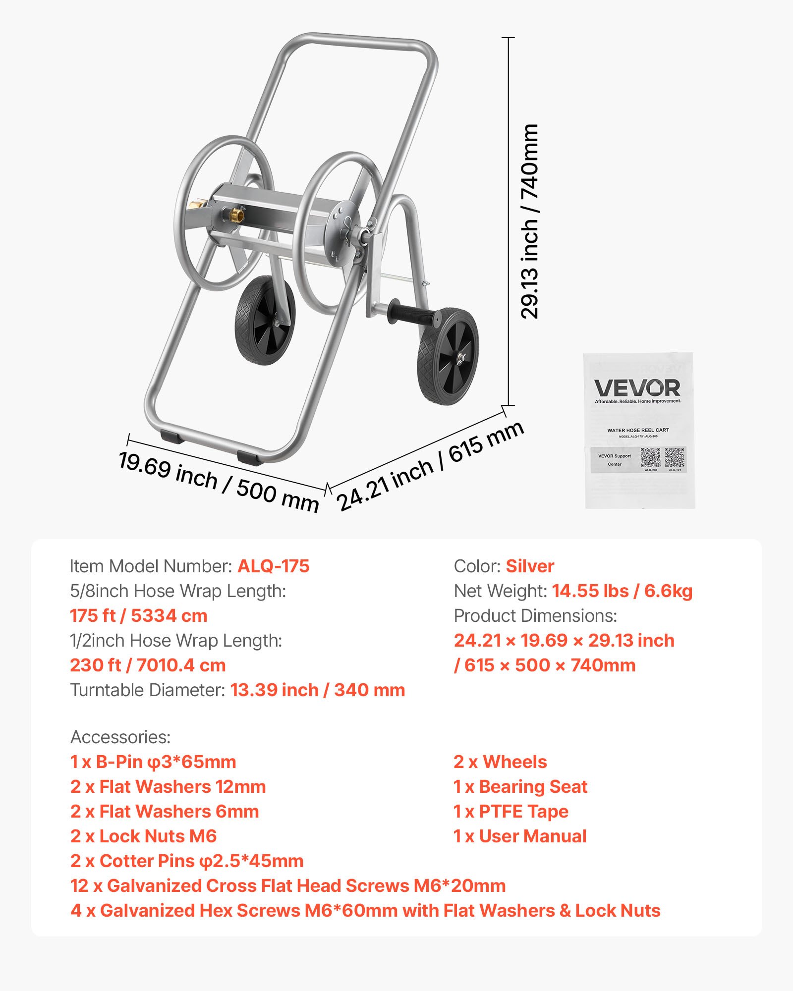 VEVOR Carro Carrete Manguera, Manguera Agua 5/8" Capacidad 53m (Manguera No Incluida), Herramientas Móviles con Ruedas, Plantación Exterior Acero Recubierto en Polvo para Jardín, Patio, Césped
