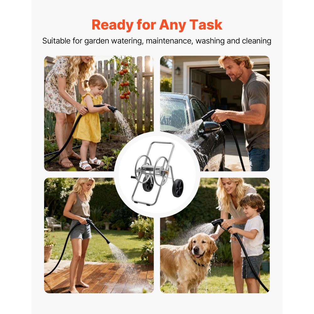 VEVOR Water Hose Reel Cart, 6096/9144 cm High-Pressure Garden Hose Cart, Hoses Reel Carts with Two Wheels, Handle & Heavy-Duty Mesh Storage Basket, Portable Hoses Reels for Garden, Car, Pet Washing