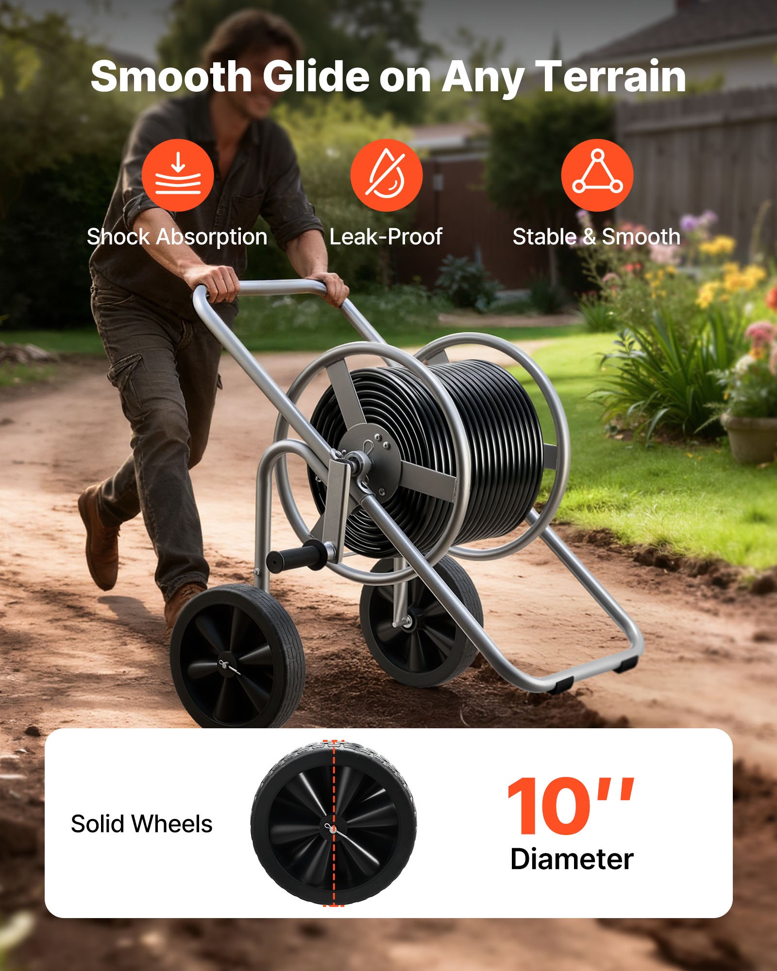 VEVOR Carro Portamangueras de Jardín de Alta Presión 60/90 Metros, con Dos Ruedas, Asa y Cesta de Almacenamiento de Malla Resistente, para Riego de Jardín y Lavado de Coches, 650 x 530 x 740 mm