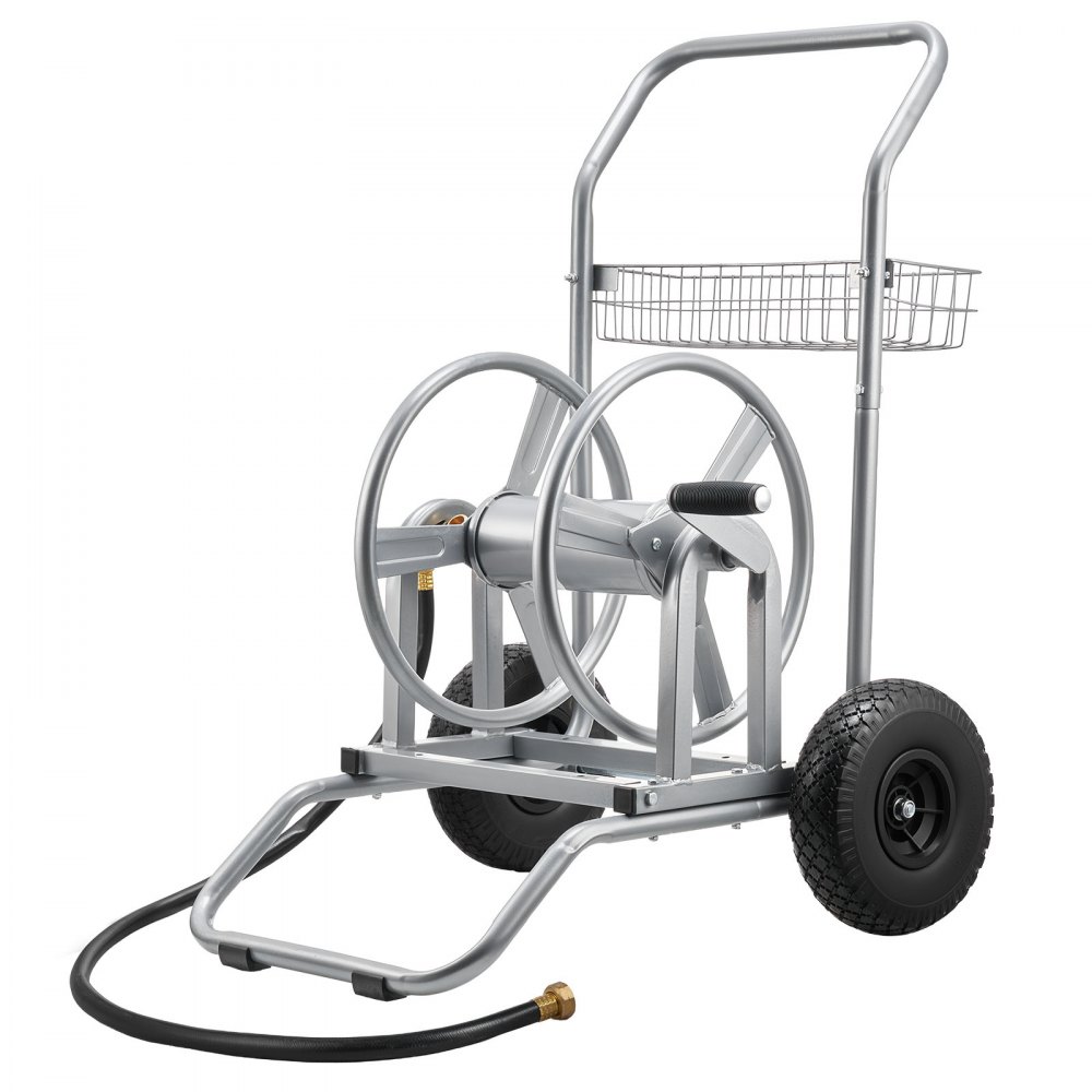 VEVOR Carro Portamangueras de Jardín de Alta Presión de 60/90 Metros, con Dos Ruedas, Asa y Cesta de Almacenamiento de Malla Resistente, para Jardín, Coche y Mascotas, 675 x 610 x 900 mm, Plata