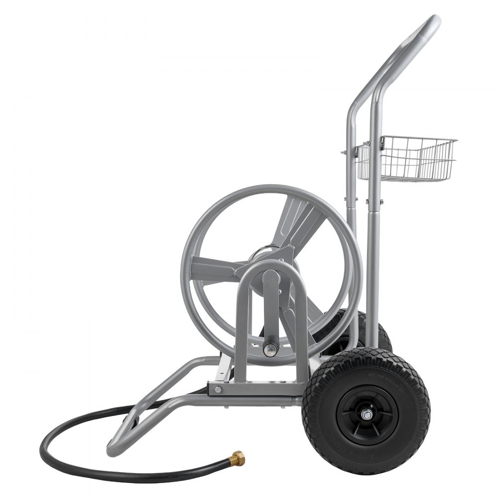 VEVOR Carro Portamangueras de Jardín de Alta Presión de 60/90 Metros, con Dos Ruedas, Asa y Cesta de Almacenamiento de Malla Resistente, para Jardín, Coche y Mascotas, 675 x 610 x 900 mm, Plata