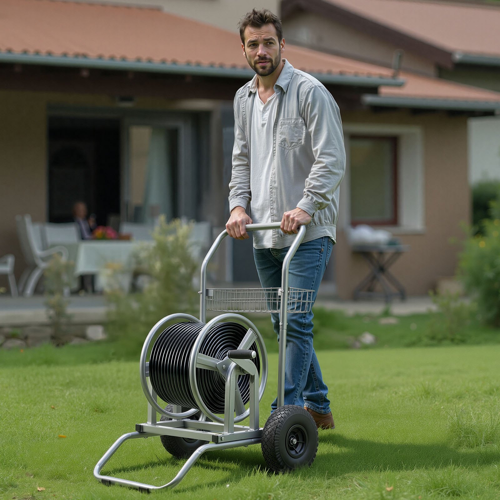 VEVOR Carro Portamangueras de Jardín de Alta Presión de 60/90 Metros, con Dos Ruedas, Asa y Cesta de Almacenamiento de Malla Resistente, para Jardín, Coche y Mascotas, 675 x 610 x 900 mm, Plata