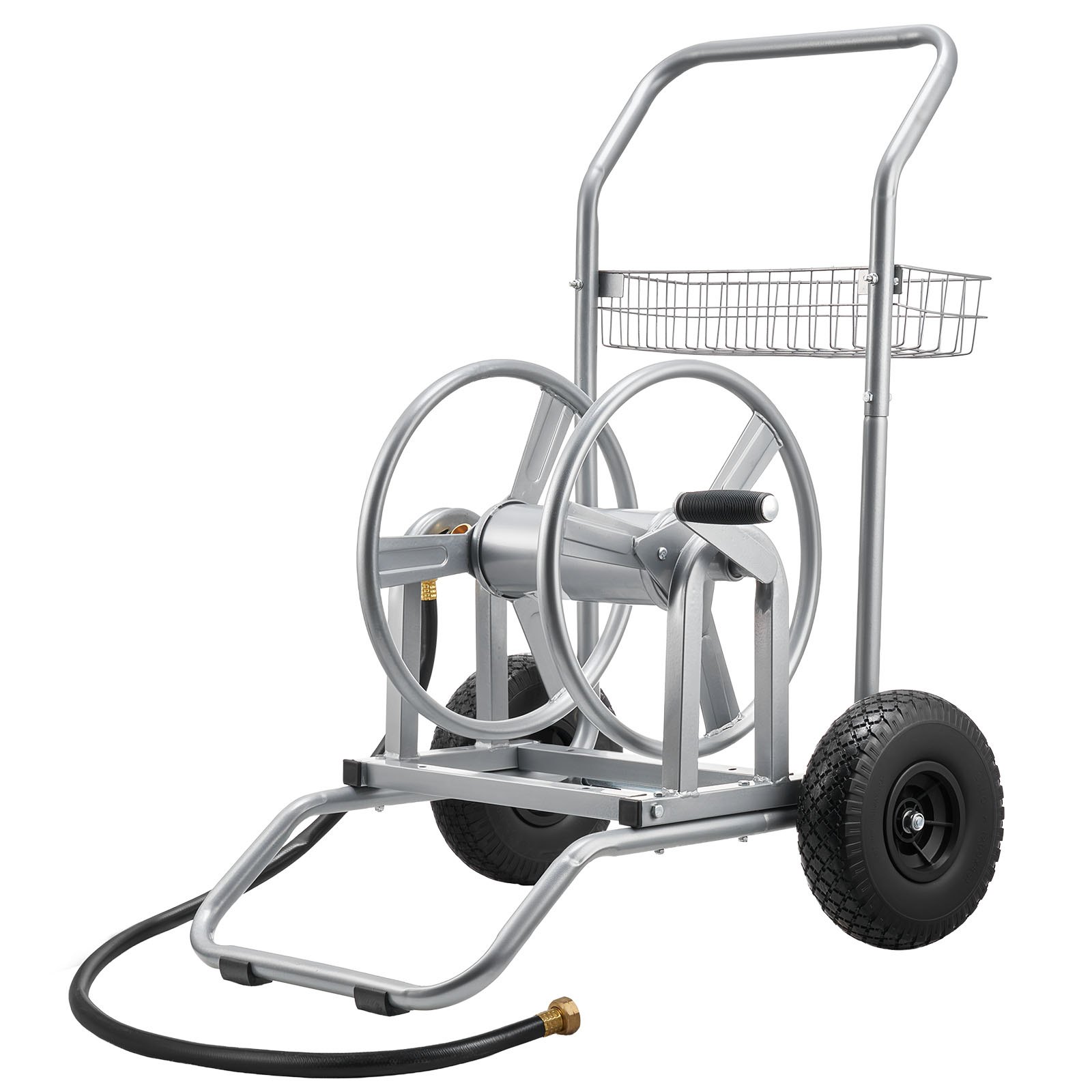 VEVOR Carro Portamangueras de Jardín de Alta Presión de 60/90 Metros, con Dos Ruedas, Asa y Cesta de Almacenamiento de Malla Resistente, para Jardín, Coche y Mascotas, 675 x 610 x 900 mm, Plata