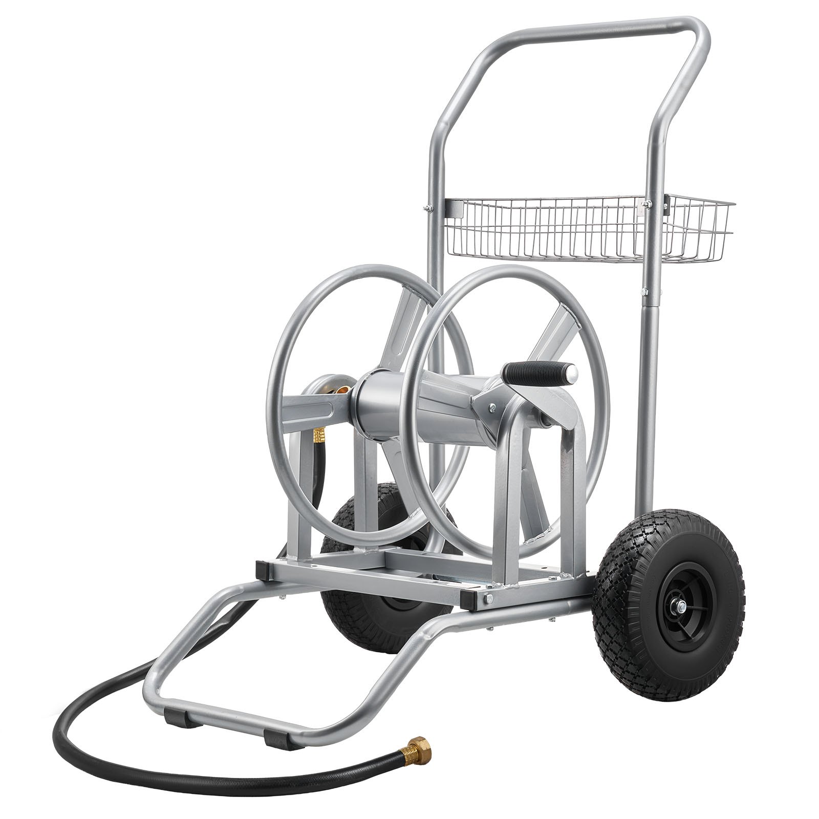 VEVOR Carro Portamangueras de Jardín de Alta Presión de 60/90 Metros, con Dos Ruedas, Asa y Cesta de Almacenamiento de Malla Resistente, para Jardín, Coche y Mascotas, 675 x 610 x 900 mm, Plata