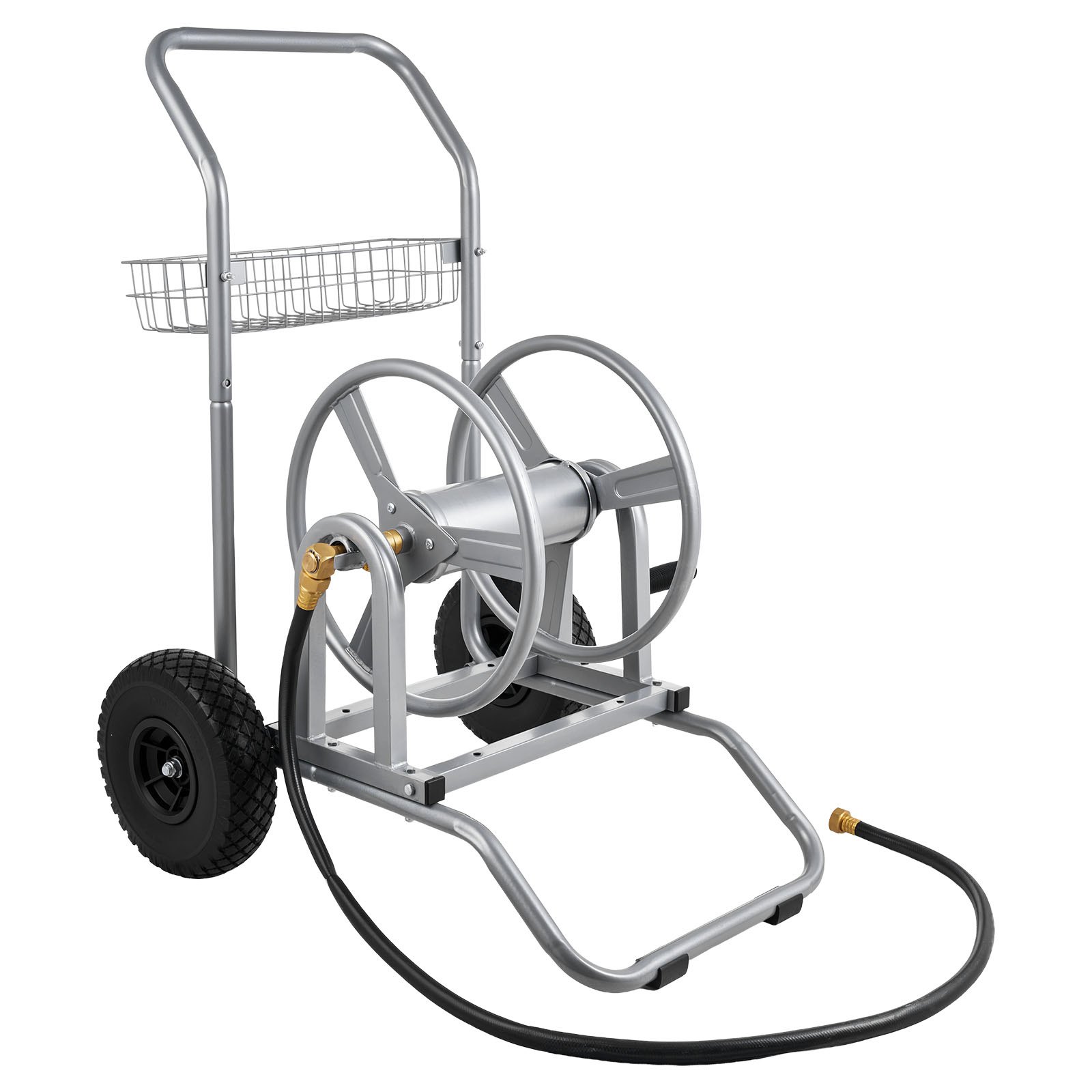 VEVOR Carro Portamangueras de Jardín de Alta Presión de 60/90 Metros, con Dos Ruedas, Asa y Cesta de Almacenamiento de Malla Resistente, para Jardín, Coche y Mascotas, 675 x 610 x 900 mm, Plata