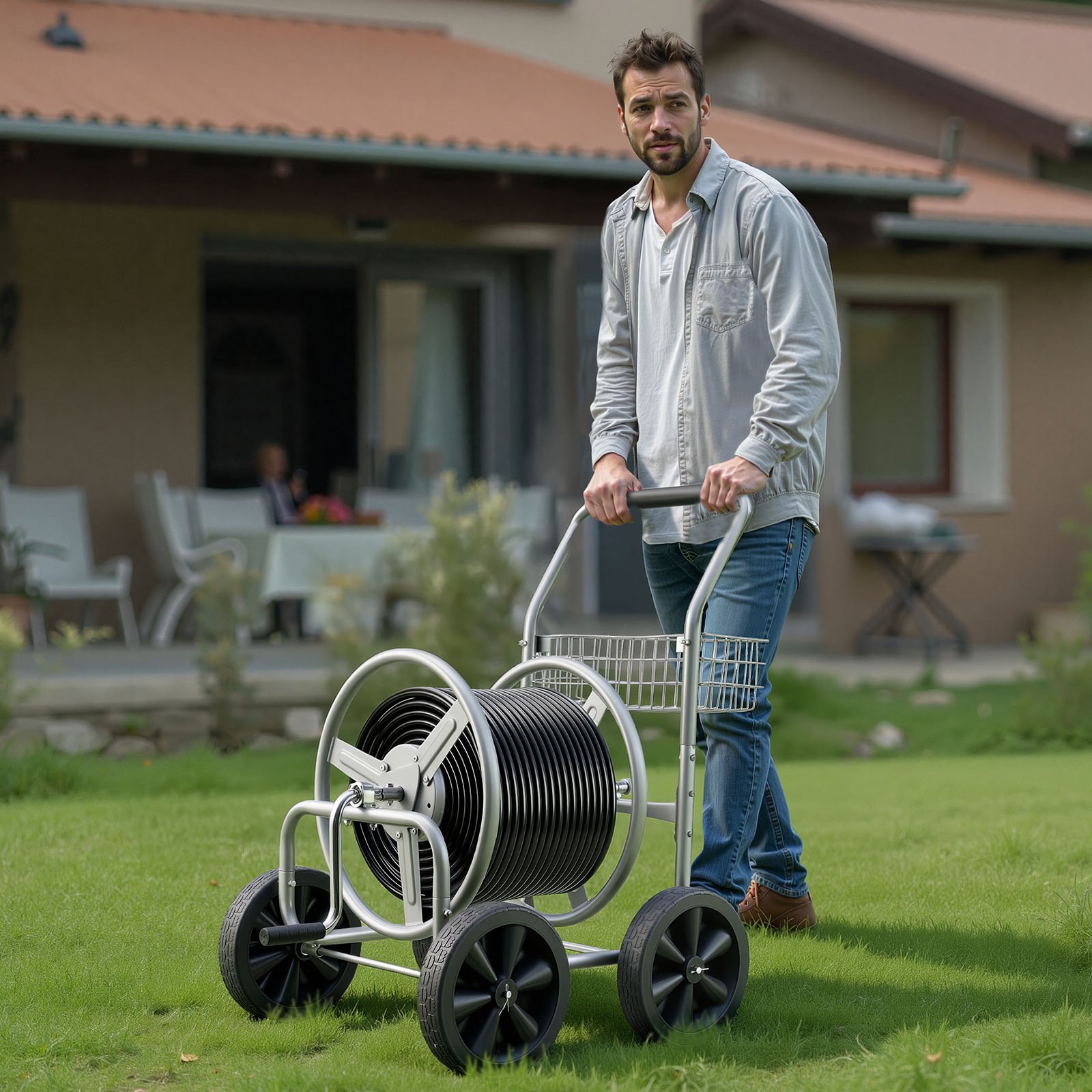 VEVOR Carro de Carrete de Manguera Capacidad de Manguera de Agua de 91 m Herramientas Móviles con 4 Ruedas, Acero Recubierto de Polvo para Plantación al Aire Libre con Cesta de Almacenamiento