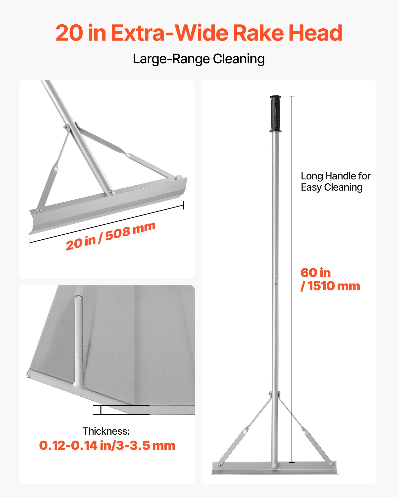 VEVOR Esparcidor de Alquitrán 508 mm, Empujador de Alquitrán de Aluminio, con Mango 1510 mm, para Nivelar Asfalto y Terrenos, Pavimentar Hormigón, Alisar Arena, sin Dientes, 1530 x 508 x 98 mm